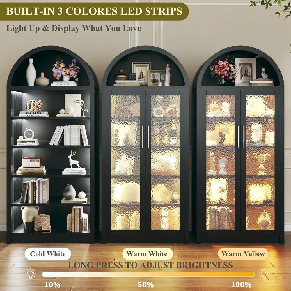 خزانة مقوسة طويلة مع 3 أضواء ملونة، خزانة تخزين مخزن المطبخ مع أبواب زجاجية وأرفف قابلة للتعديل، حديثة من 6 طبقات