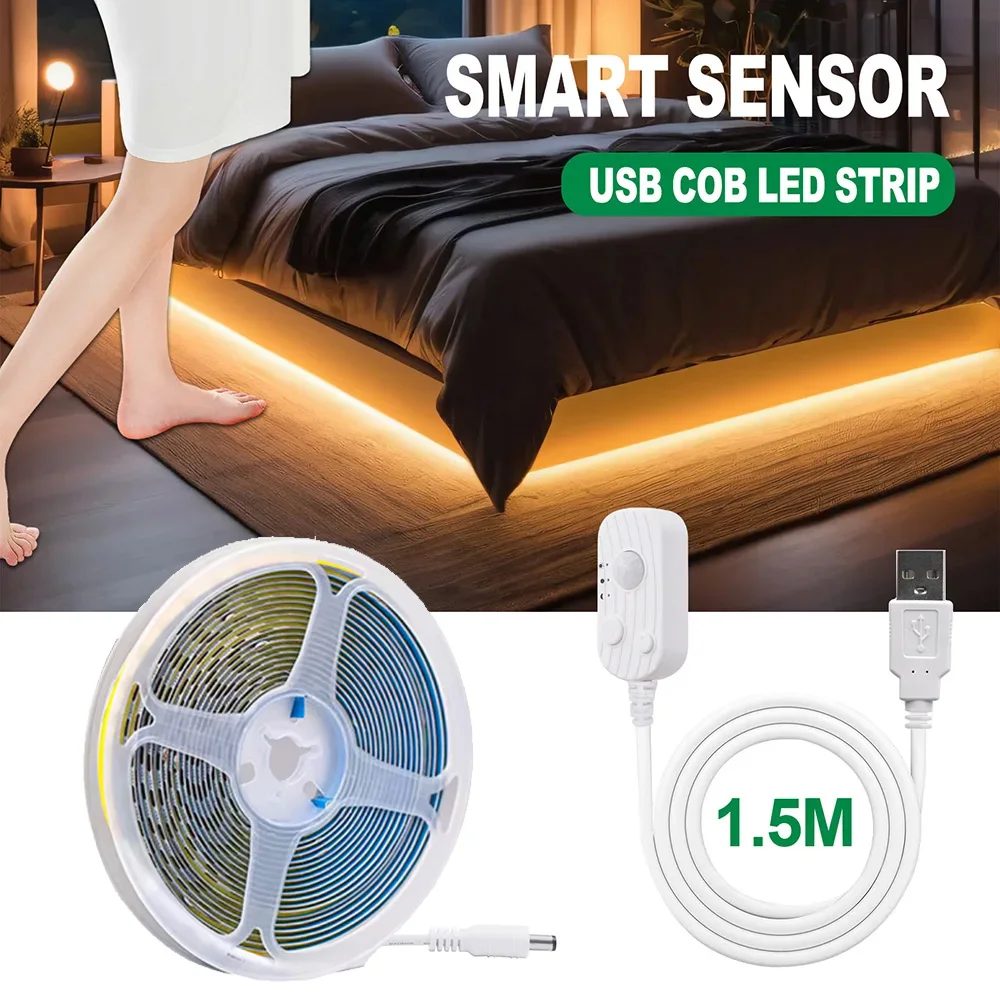 USB 5V Motion Sensor Led COB Light Strip Warmwhite Auto ON/OFF Liner Lighting Diode 320leds/m for Cabinet Wardrobe Kitchen Stair