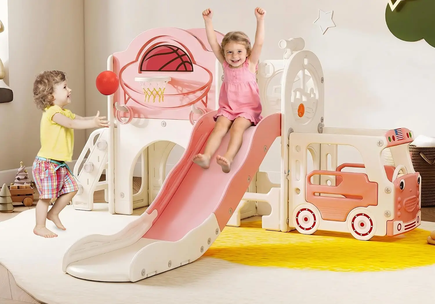 NYEEKOY 9 in 1 Bus-Themed Toddler Playground, Slide for Toddlers 1-3