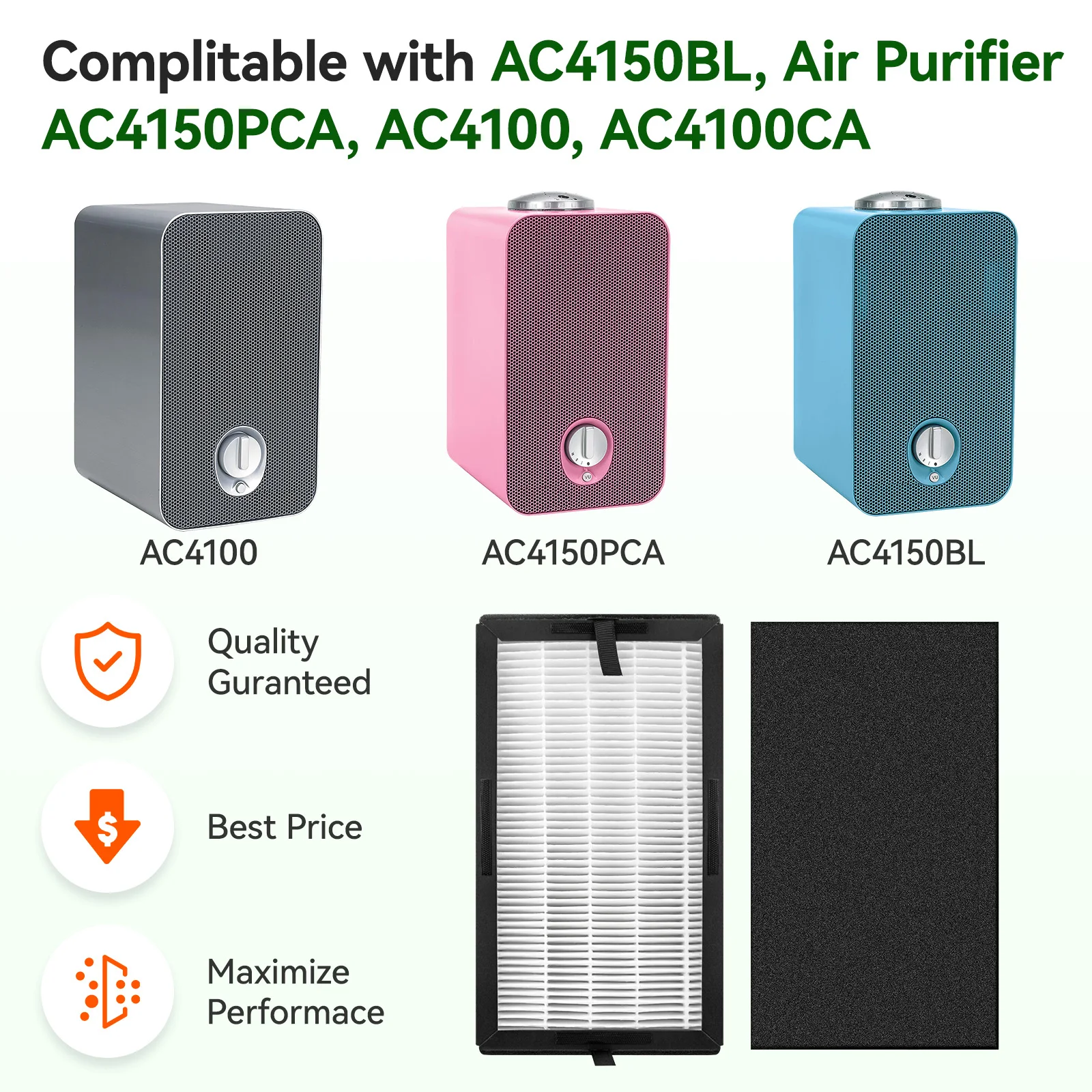 مجموعة فلاتر HEPA البديلة المتوافقة مع GermGuardian AC4100 AC4100CA AC4150BL AC4150PCA AC4150PC، رقم الجزء FLT4100