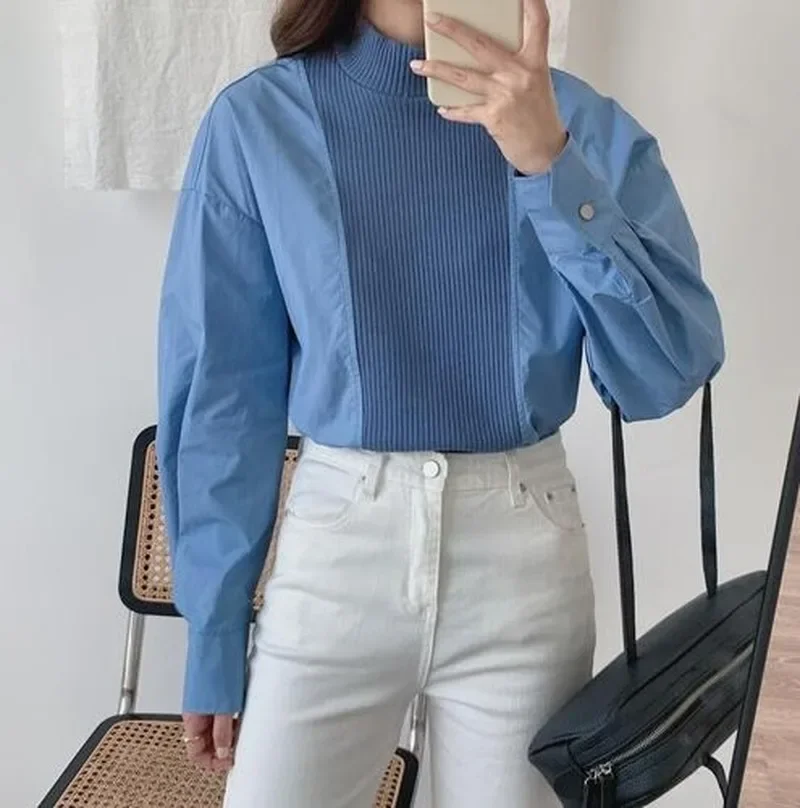 Pull à manches longues moelleux pour dames, chemise cousue, haut à col mi-haut, version coréenne, décontracté, automne et hiver