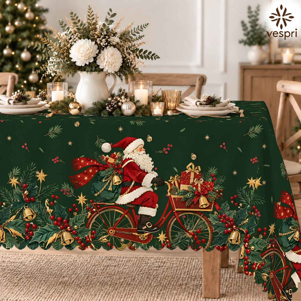Christmas Tablecloth with Toy Trains & Santa for Indoor/Outdoor Camping decor, Rectangular/Round/Oval