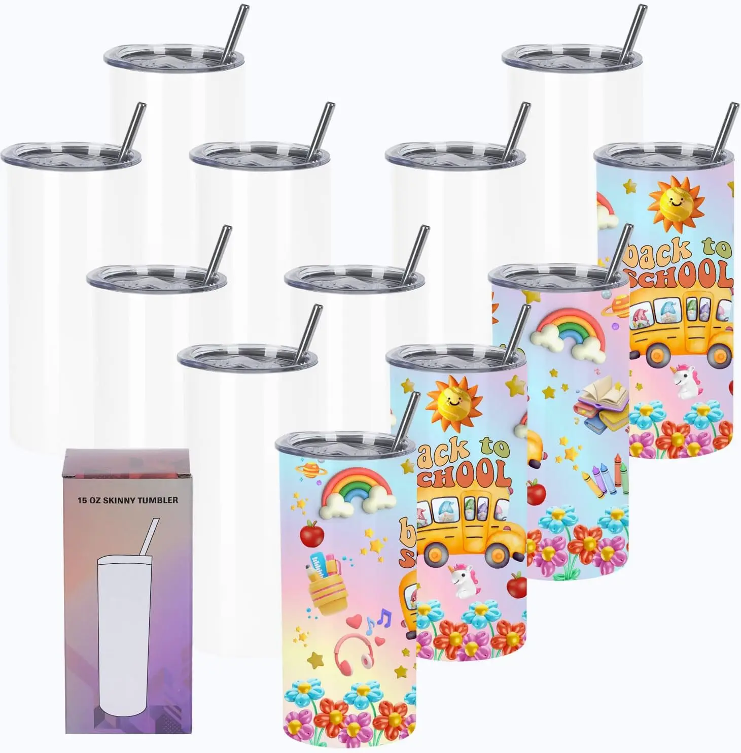 

15 Oz Sublimation Tumblers Blank (12 Pack), Skinny Straight Kids Design, Individually Gift Boxed