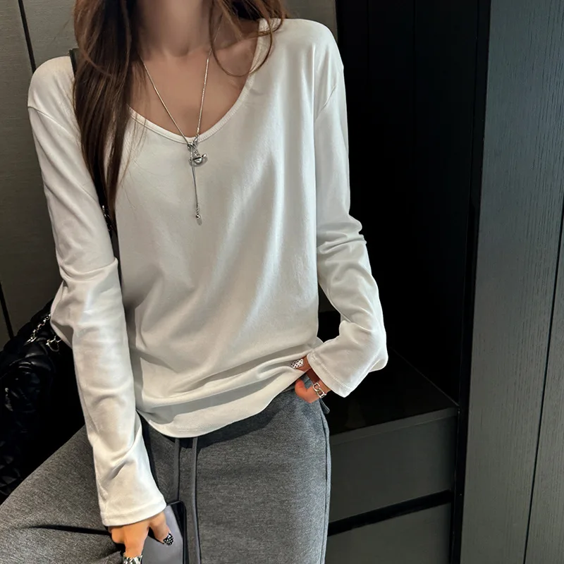 Lazy Style Gray V-neck Loose Fit Long Sleeved T-shirt for Women's Casual Versatile Autumn and Winter Interior Simple Base Shirt