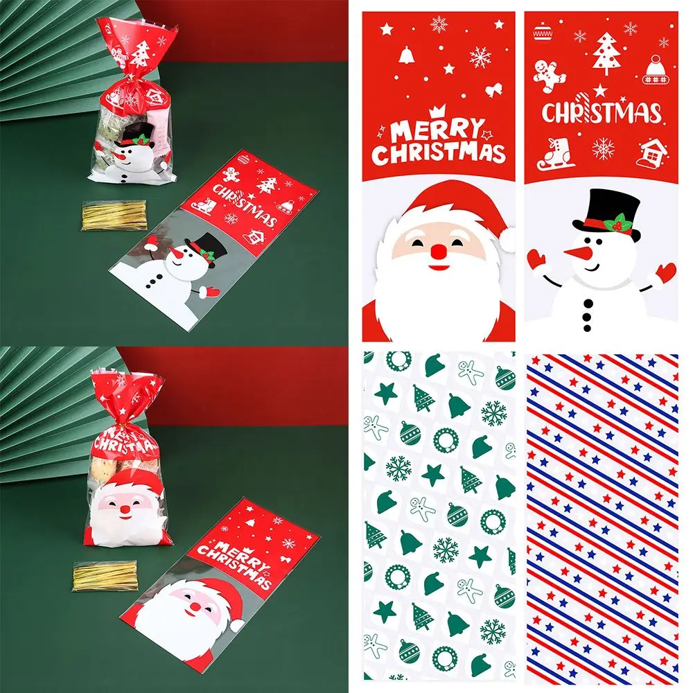 50Pcs Xmas Supplies Transparent Snowman Santa Claus Baking Packaging Cookies Storage Bag Christmas Candy Bags Cellophane