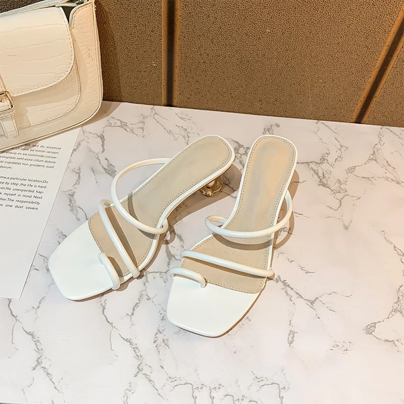 White Square Head Slippers Slingback Crystal High Heels Pinch Toe Female Pumps Strap Sandals Summer Casual Women Shoes