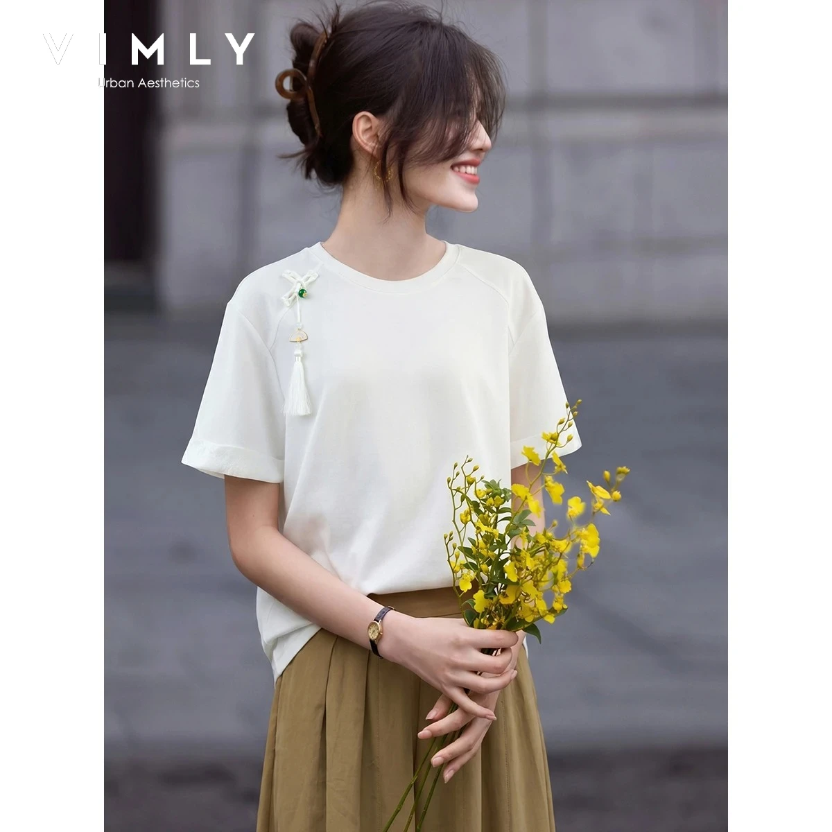 VIMLY New Chinese White Short Sleeve T-shirt Women's Summer 2026 Fashion Tassel Frog Buttons Design Solid Color Knit Top A6302