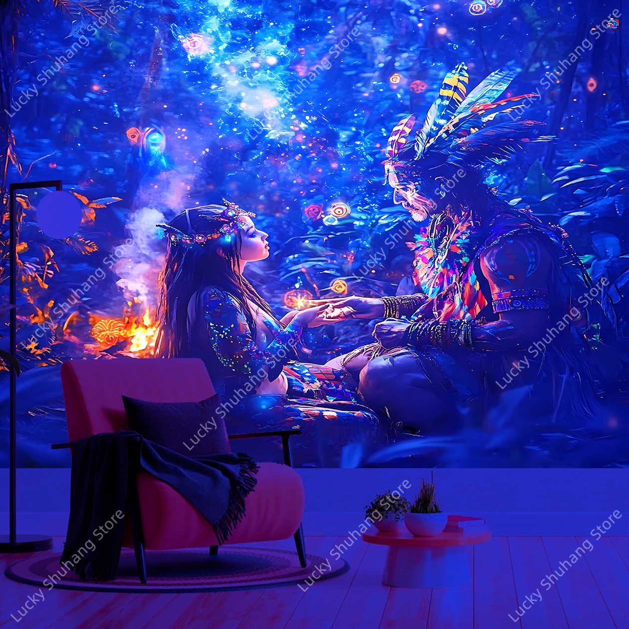 Mystical Forest Spirits UV Tapestry Bioluminescent Flora Feathered Headdresses Shamanic Wall Art Bohemian Home Bedroom Decor
