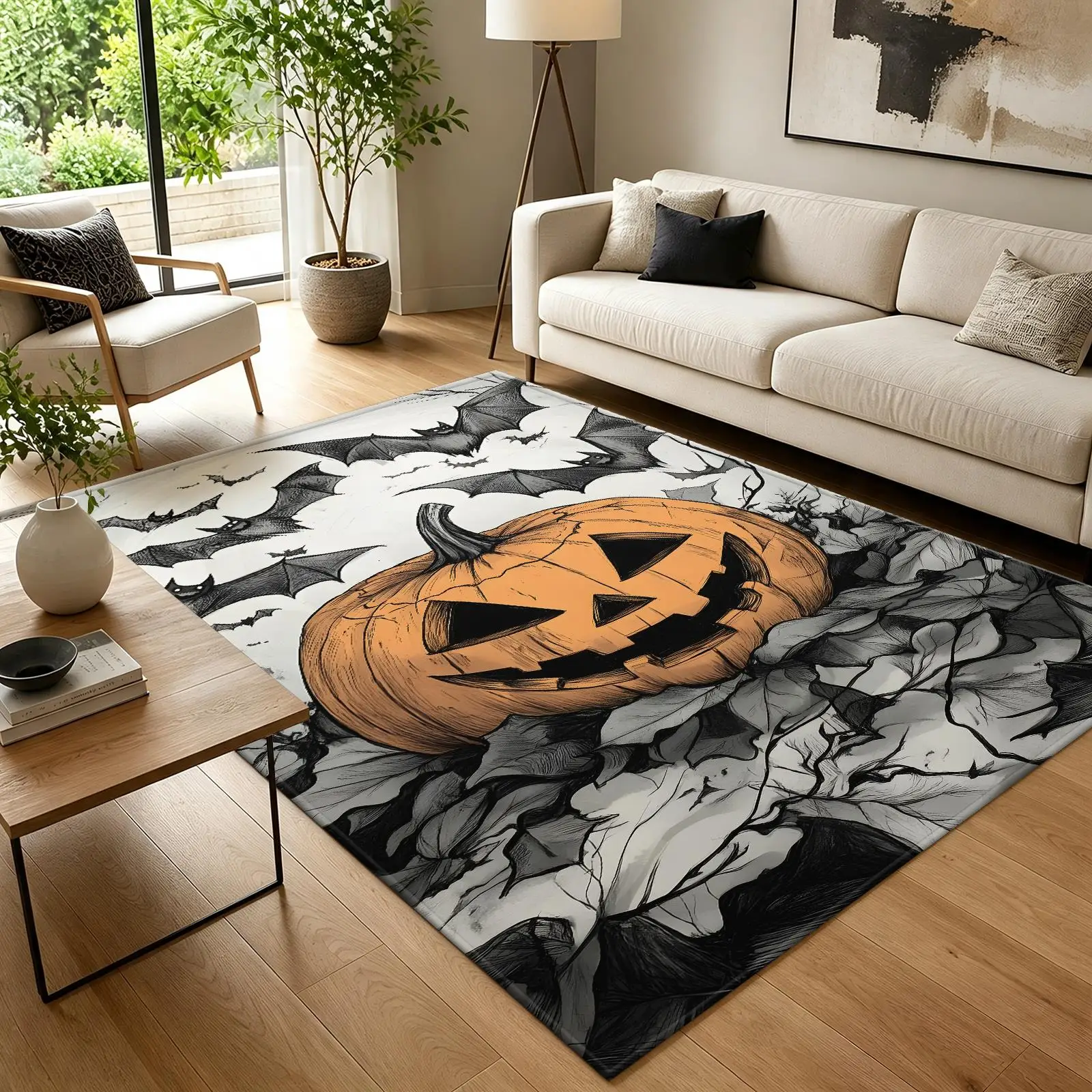 1pc Sketch Style Pumpkin Bat Area Rug, 2D Flat Print, Indoor Floor Mat for Living Room, Halloween Home Decor