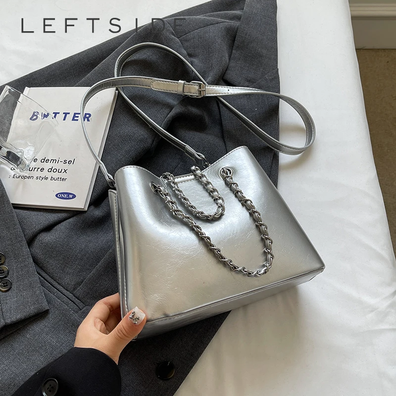 

LEFTSIDE Silver Design Small PU Leather Shoulder Bags for Women 2025 Y2K Luxury Trend Chain Bucket Crossbody Bag Female Handbags