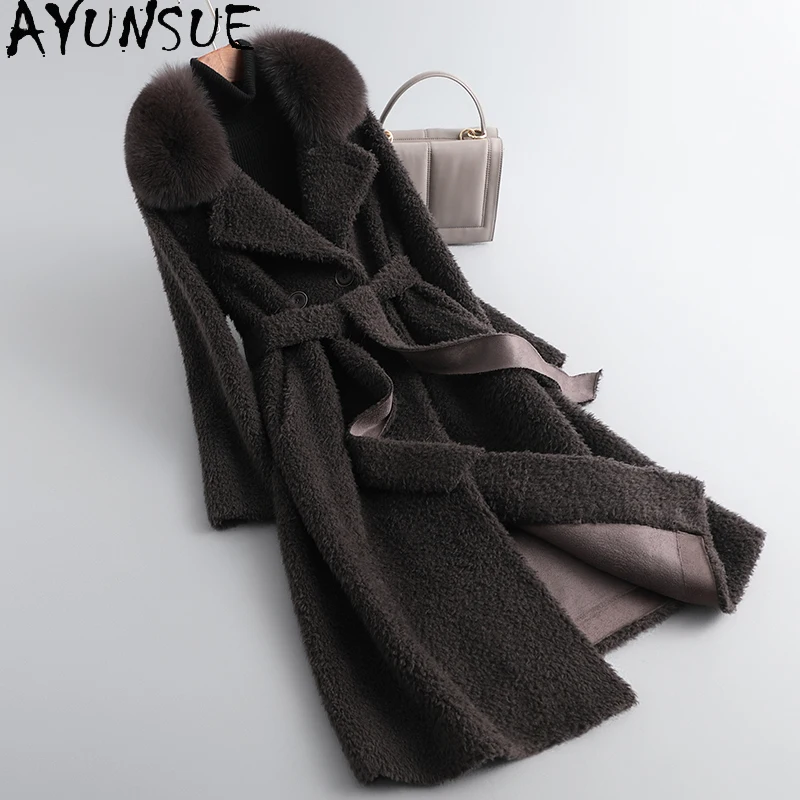 

AYUNSUE 2023 Autumn Winter Wool Coats for Women Clothing Fox Fur Collar Elegant 100% Sheep Shearing Jacket Fur Coat Lace-up