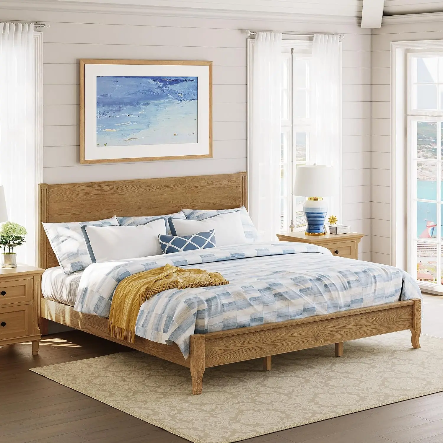 Bed Frame, Oak Wood Platform King Size With Headboard, No Box Spring Needed, 800Lb Capacity, Easy Assembly, Wood, Customized