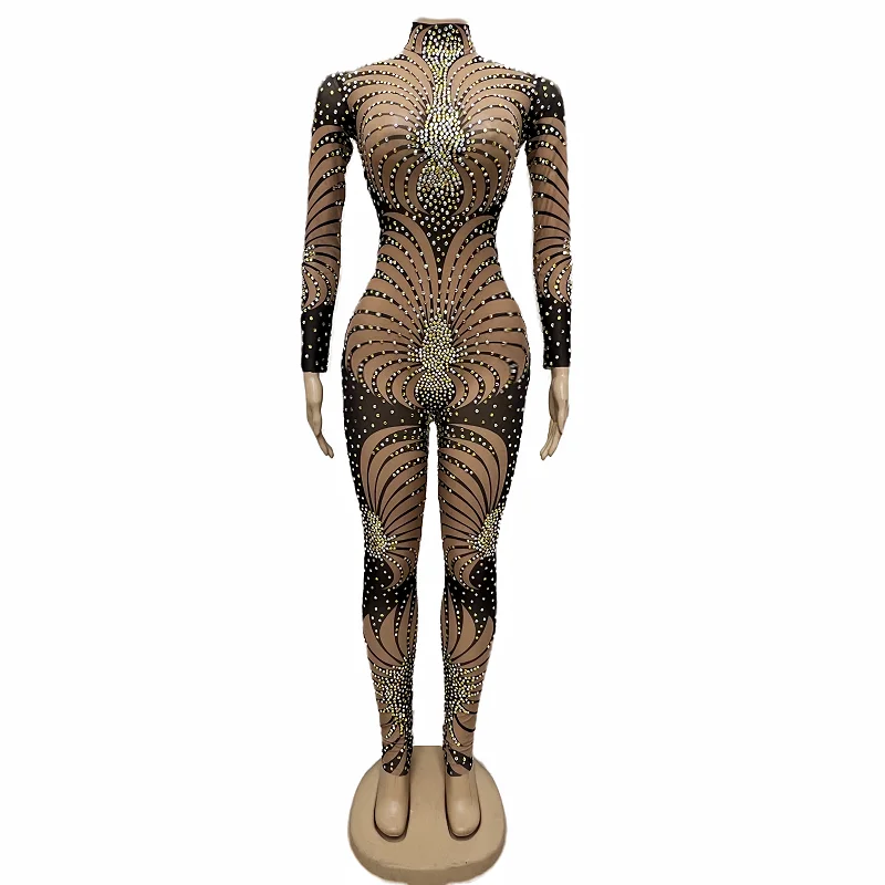 

Nightclub Women Dancer Singer Sexy Stage Wear Mesh Printing Rhinestones Skinny Jumpsuit Transparent Leotard Pole Dancing Costume