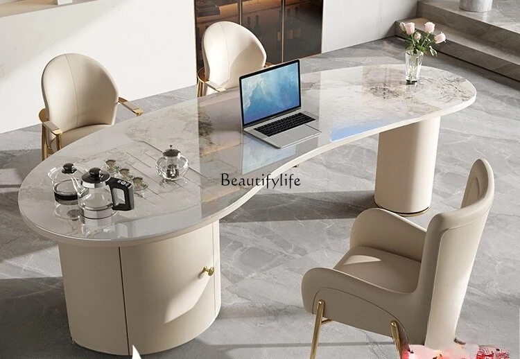 

Light luxury tea table integrated dual-purpose light luxury modern simple rock slab large class workbench