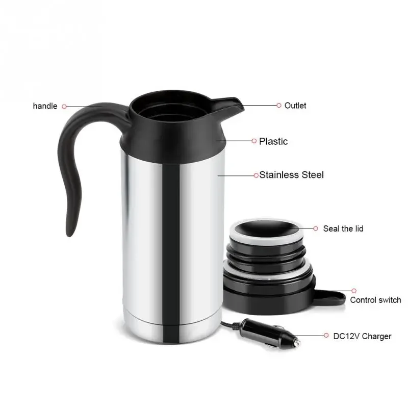 Electric Car Kettle Heating Cup 12V 750ml Auto Adapter Coffee Mug Stainless Steel Water Bottle Travel Mug