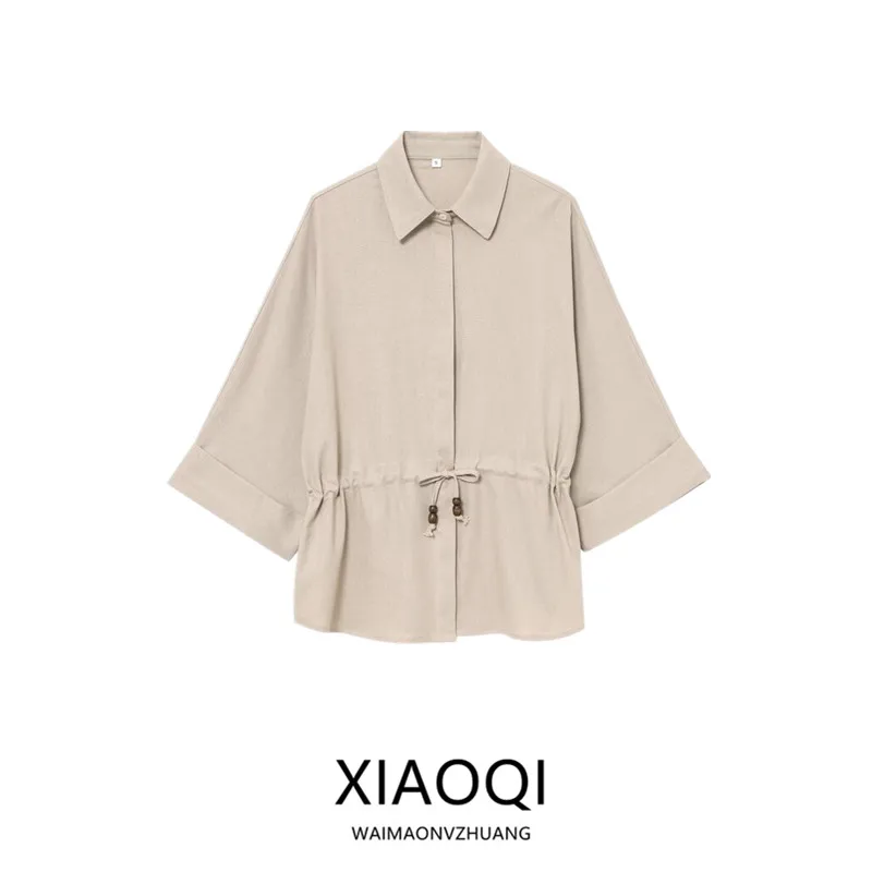 Spring 2025 Women's Faionable Long Sve Linen Blend irt Dstring Design Versatile Loose Fit irt New Arrival