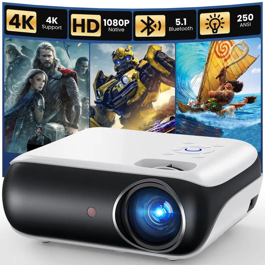 Native 1080P Bluetooth Mini Projector, Full HD Portable Outdoor Movie Projector with Builtin Speaker, Compatible with Smartphone