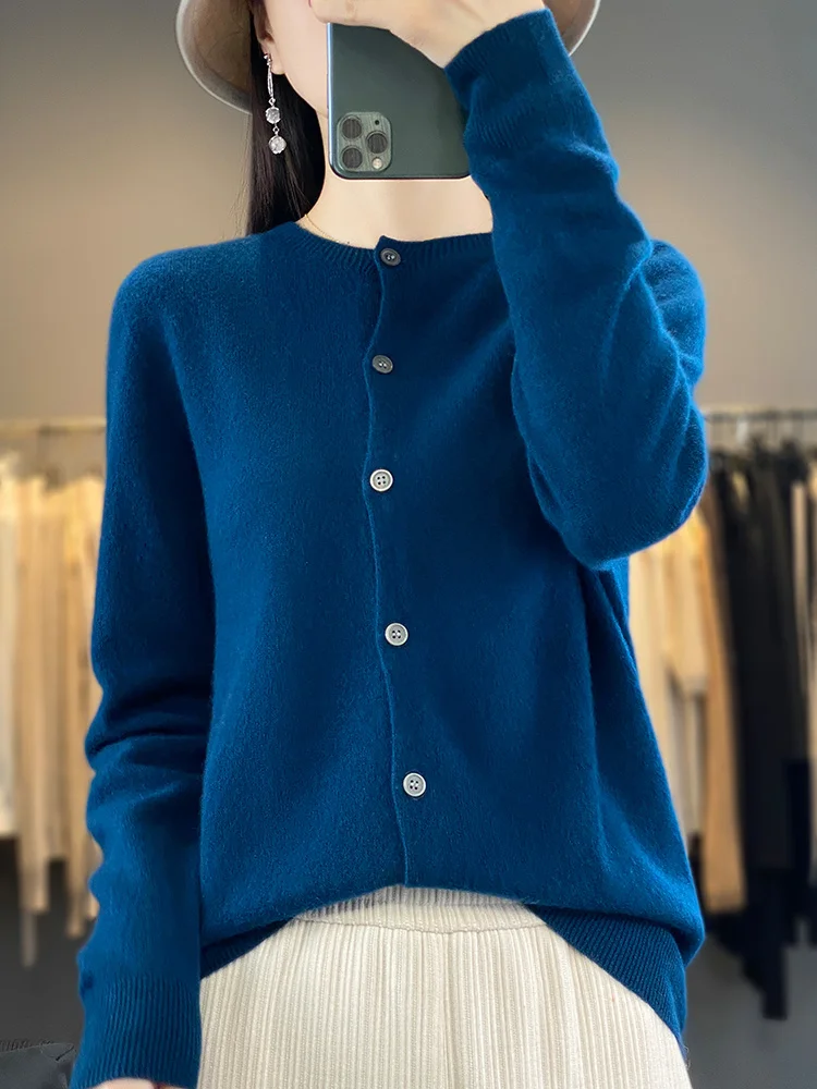 Pull en cachemire à manches longues pour femmes, cardigan à col rond, 100% laine mérinos, vêtements décontractés pour femmes, monochromatique, haute qualité, automne, hiver