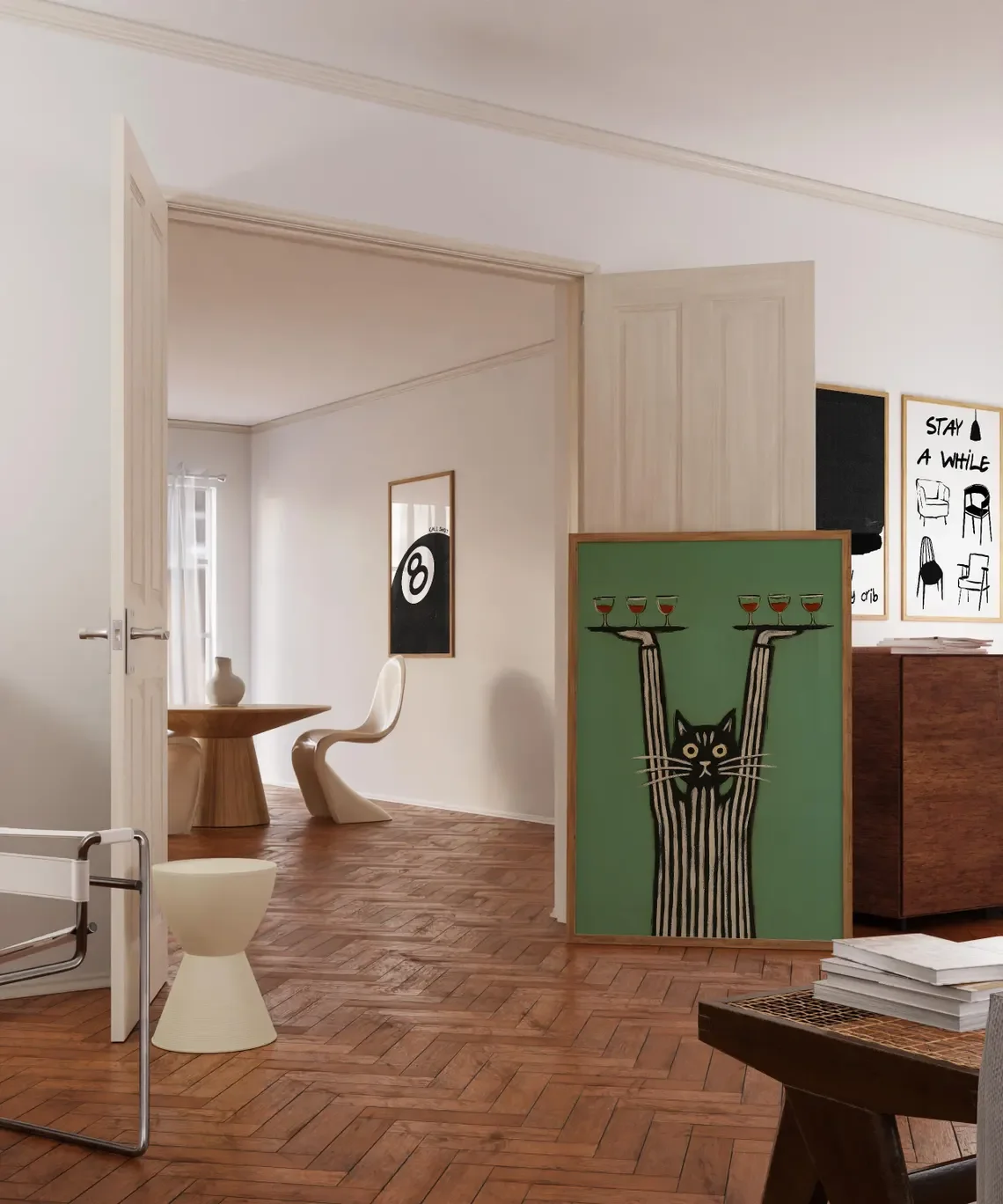 Minimalistisches grünes Wandkunstdruck-Dekor mit dem Motiv „Wein-Katze“ – eine kühne, von der Mitte des Jahrhunderts inspirierte Illustration, ein stilvolles Statement-Stück für die moderne Zeit
