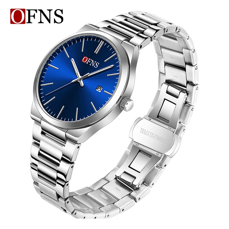 

Простые круглые часы OFNS для бизнеса и повседневной носки, с одним календарем, кварцевые, для студентов, с солнечным узором, стальной браслет, кварцевые часы