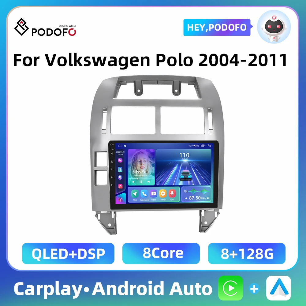 Podofo AI Voice Car Stereo For Volkswagen Polo 2004-2011 2Din Multimedia Player Carplay Android Auto GPS Navigation Car Audio