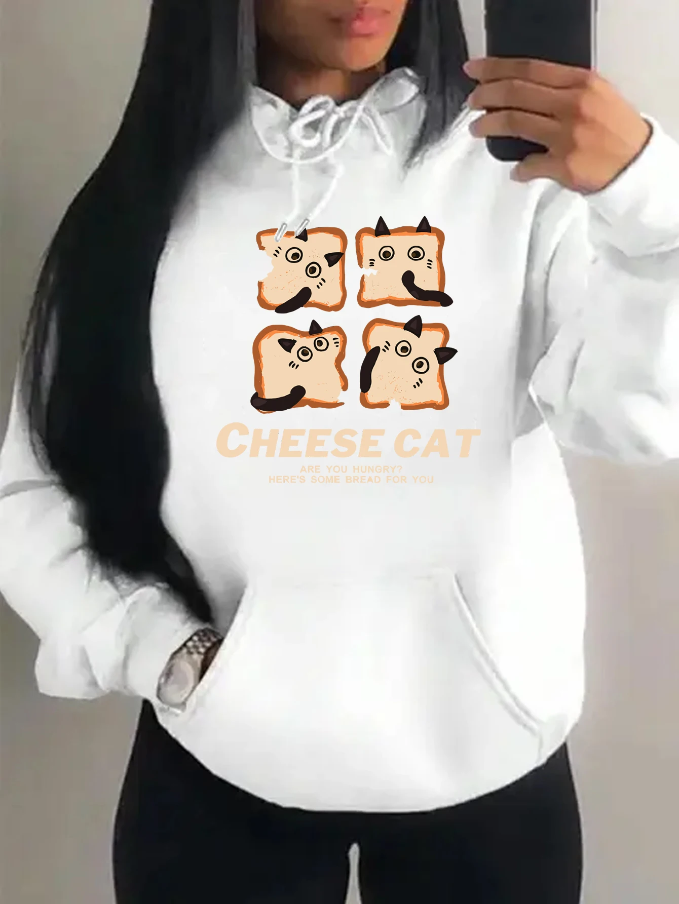 Cartoon Cheese Cat Prints Women Hoodie Pocket Harajuku Streetwear Multicolor Casual Pullovers Autumn Fleece Clothes Women