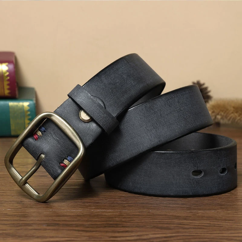 Thickened belt men's leather needle buckle pure cowhhide copper buckle handmade retro made old lengthened denim belt