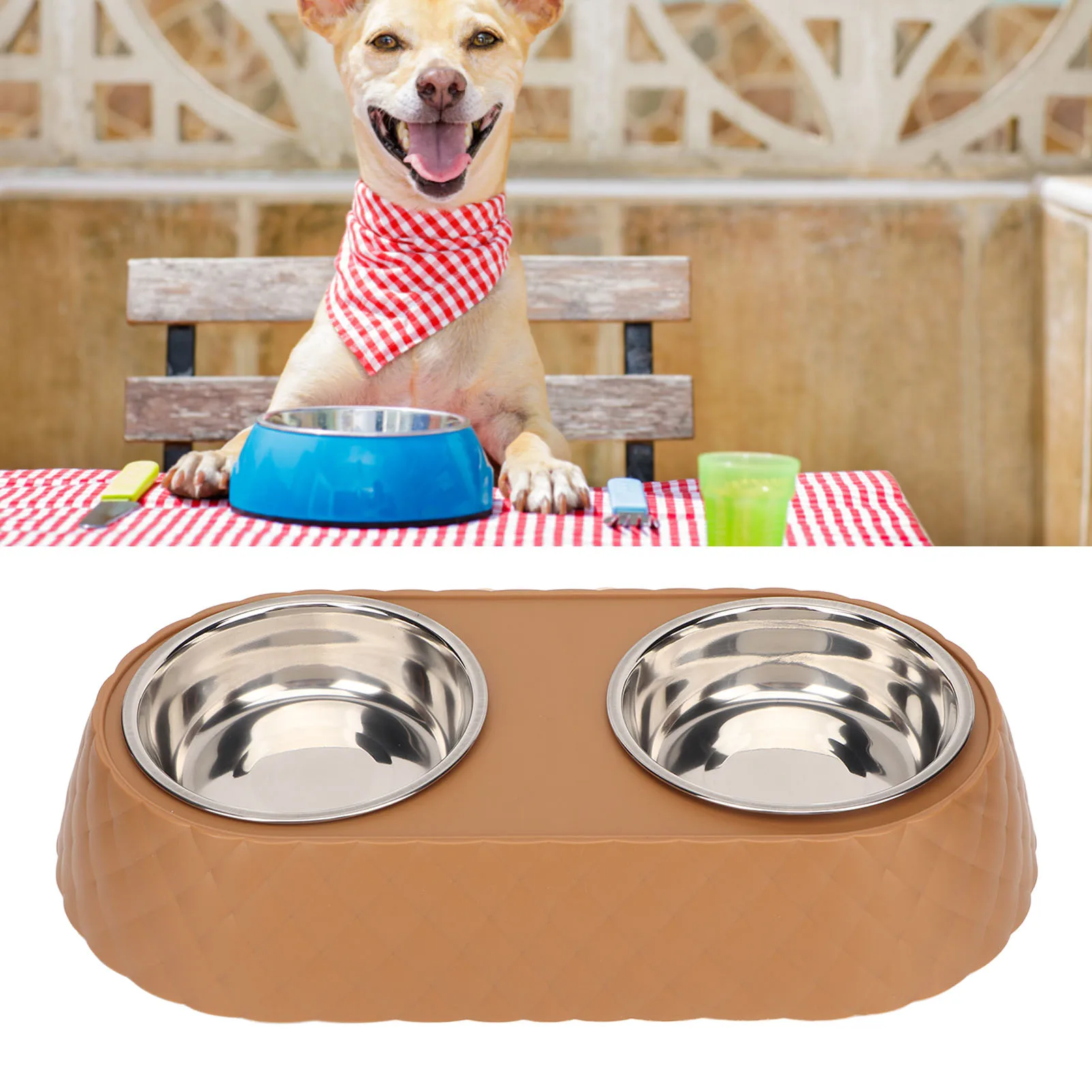 Double Pet Bowls Prevent Slip Stainless Steel Pet Food Water Bowls with Bowknot Decor Holder for Dog Cat