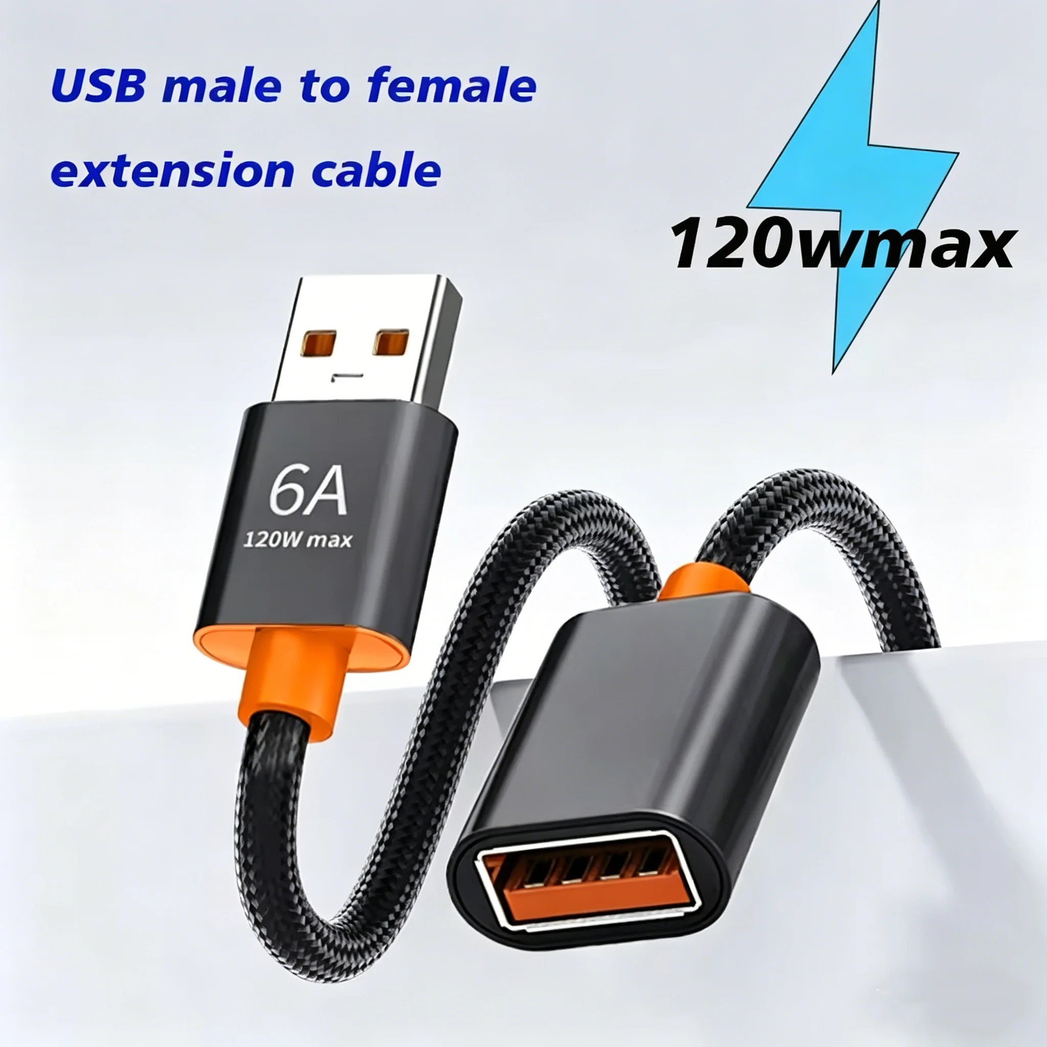 120W 6A USB Male to Female Extension Cable Nylon Braided Fast Charging Data Transfer Cord 1M 1.5M Black