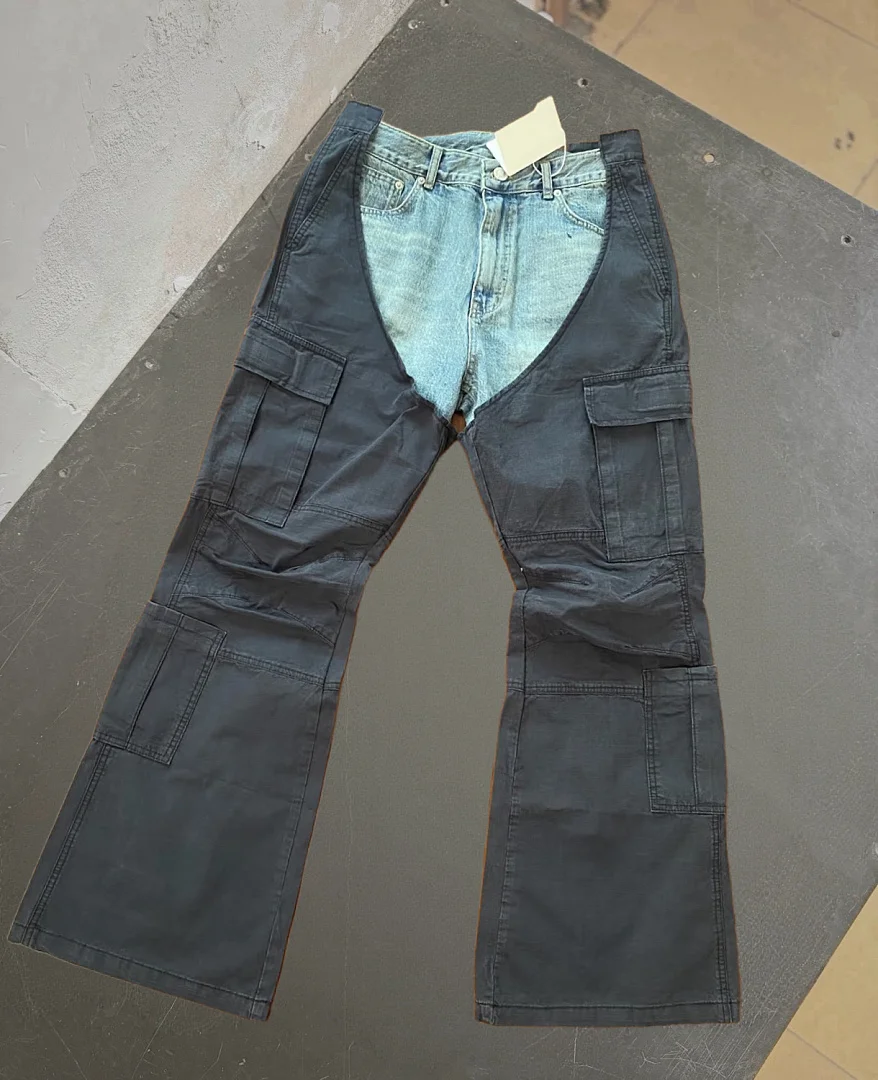2026 PTL Index Deconstructed Cargo Pants, Faux Two Piece U-Shaped Washed Denim Jeans Workwear Trousers Streetwear Pants