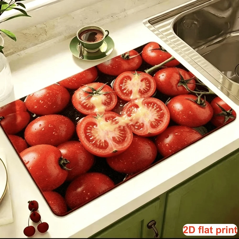 Tapete Antideslizante de Secado Rápido con Estampado de Tomate para Fregadero, Encimera, Cafetera, Platos, Cristalería, Decoración del Hogar, Tapete para Secar Platos de Cocina