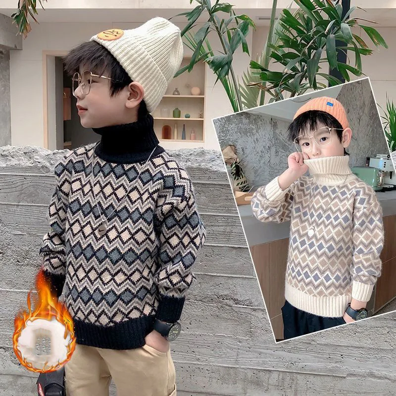 

Autumn Children Boys Sweaters Cotton Argyle Thicken Turtleneck Babys Boys Pullovers Long Sleeve Knitted Toddler Boys Bottom Tops
