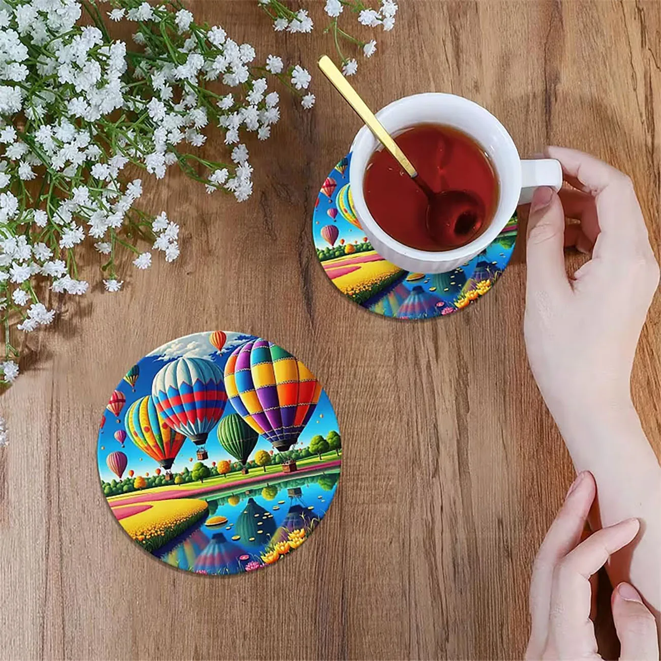 6Pcs Wooden Round Heat Insulation Drink Coasters Colorful Hot Air Balloon Landscape Pattern Tabletop Decor Gift