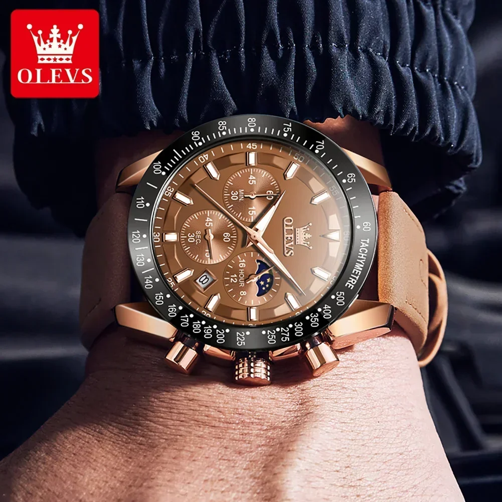 OLEVS 9957 Genuine Leather Strap Sport Watch For Men, Quartz Multi-function Waterproof Men Wristwatch Luminous Chronograph