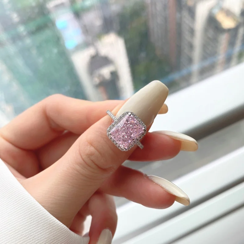 

Live NewS925Sterling Silver Ring for Women with High Carbon Diamond Pink Zircon Ice Flower Cut Design Pink Diamond Wedding Ring