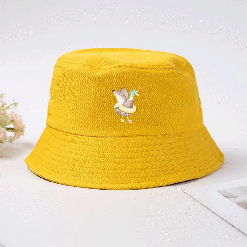 Doodle Duck Print Bucket Hat Cotton Summer Fisherman Cap Hand Drawn Cartoon Pattern Sun Hat Outdoor Beach Cap for Men Women