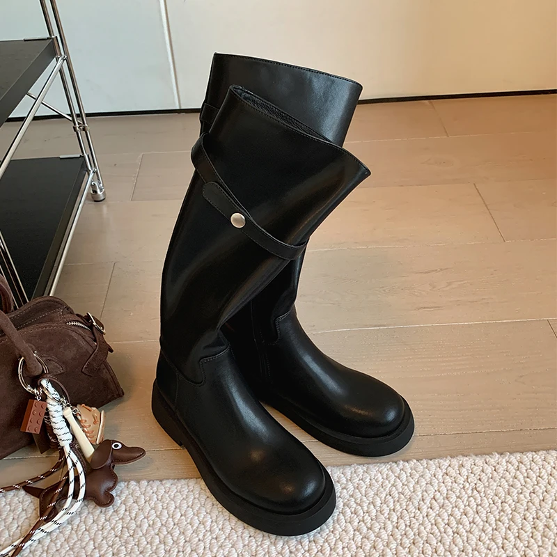 New Knight Boots Women Genuine Leather Round Toe Platform Middle Heels Zipper Knee High Equestrian Boots Casual Shoes Tube Boots