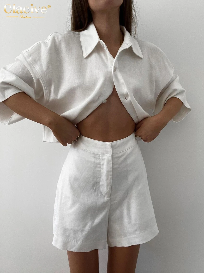 Clacive Summer Slim White Linen Two Piece Set Women Outfit 2023 Fashion Short Sleeve Shirts With High Waist Shorts Set Female