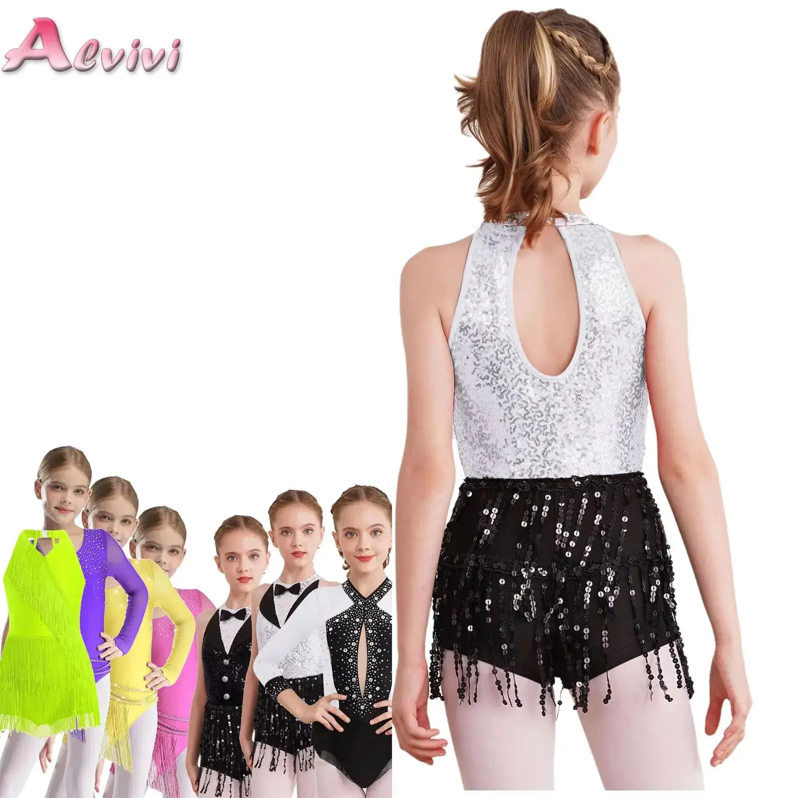 

Kids Girls Rhinestones Ballet Dance Leotard Dress Color Block Sheer Mesh Skirted Bodysuit for Figure Skating Rhythmic Gymnastics