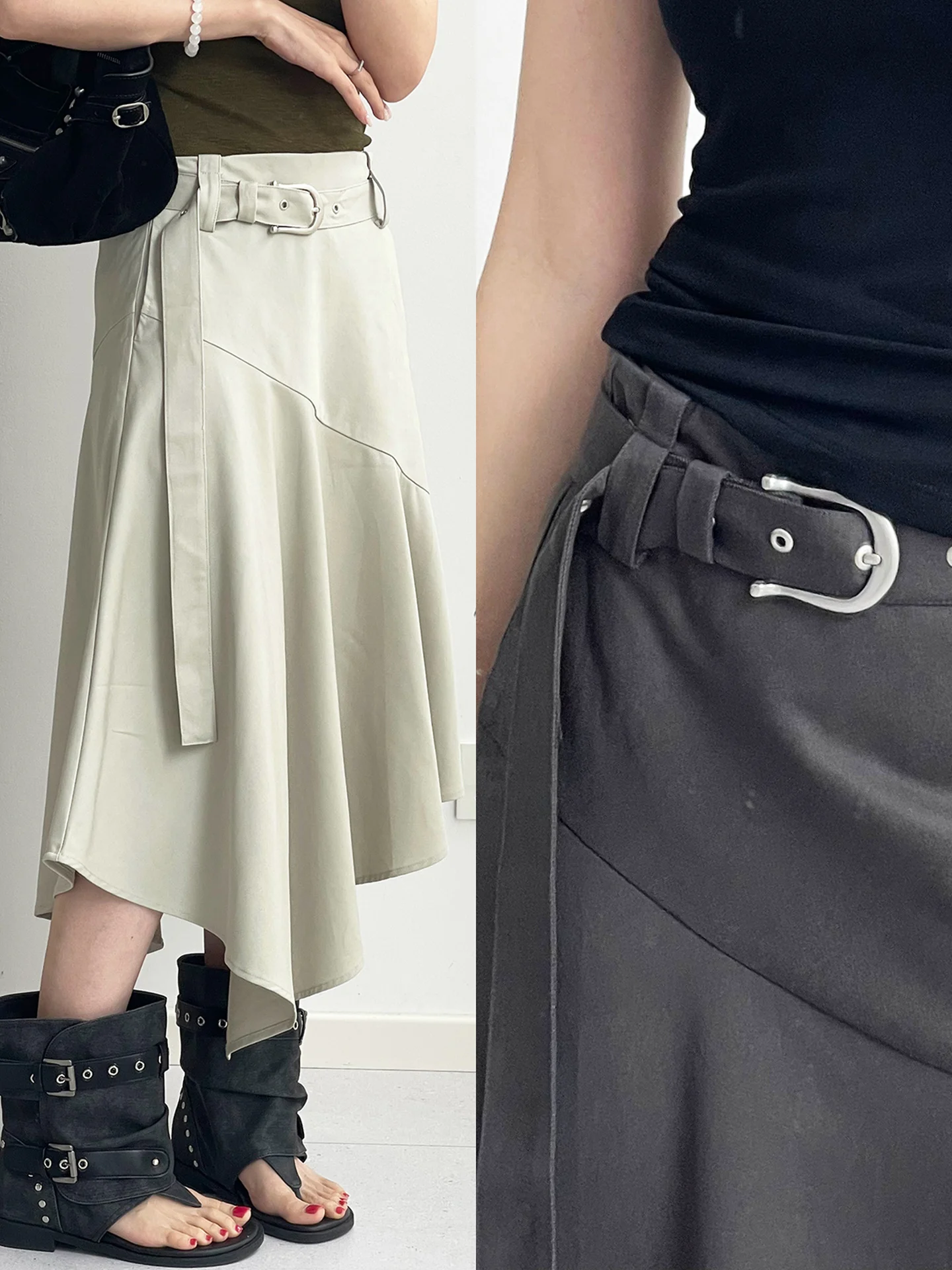3D Tailored Mid-Length Asymmetric Hem Belted Skirt Two Colors High Waist Umbrella Skirt Lenzing Lyocell Cotton Blend Skirt