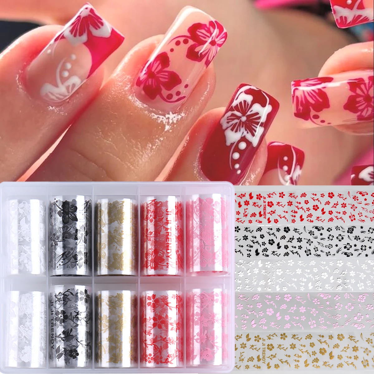 10-teiliges Set Hibiskus-Sternenhimmel-Nagelfolien – Rosa & weiße Hibiskus-Nagelaufkleber; Rote, schwarze und goldene Nageltransferaufkleber