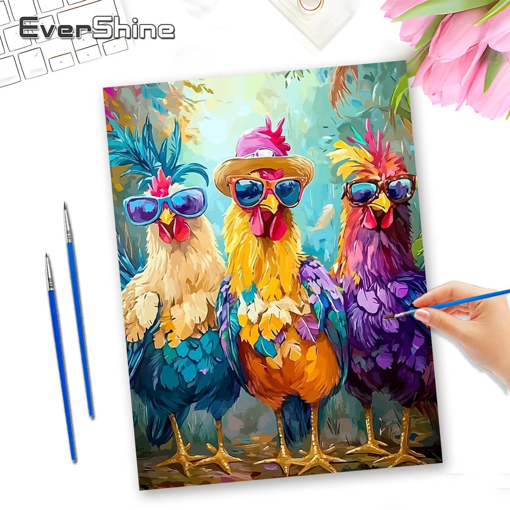 EverShine Set de Pintura por Números, Pollo, Novedades, Lienzo de Animales Coloridos, Pintura a Mano, Arte para Decoración del Hogar, Dormitorio, Pared
