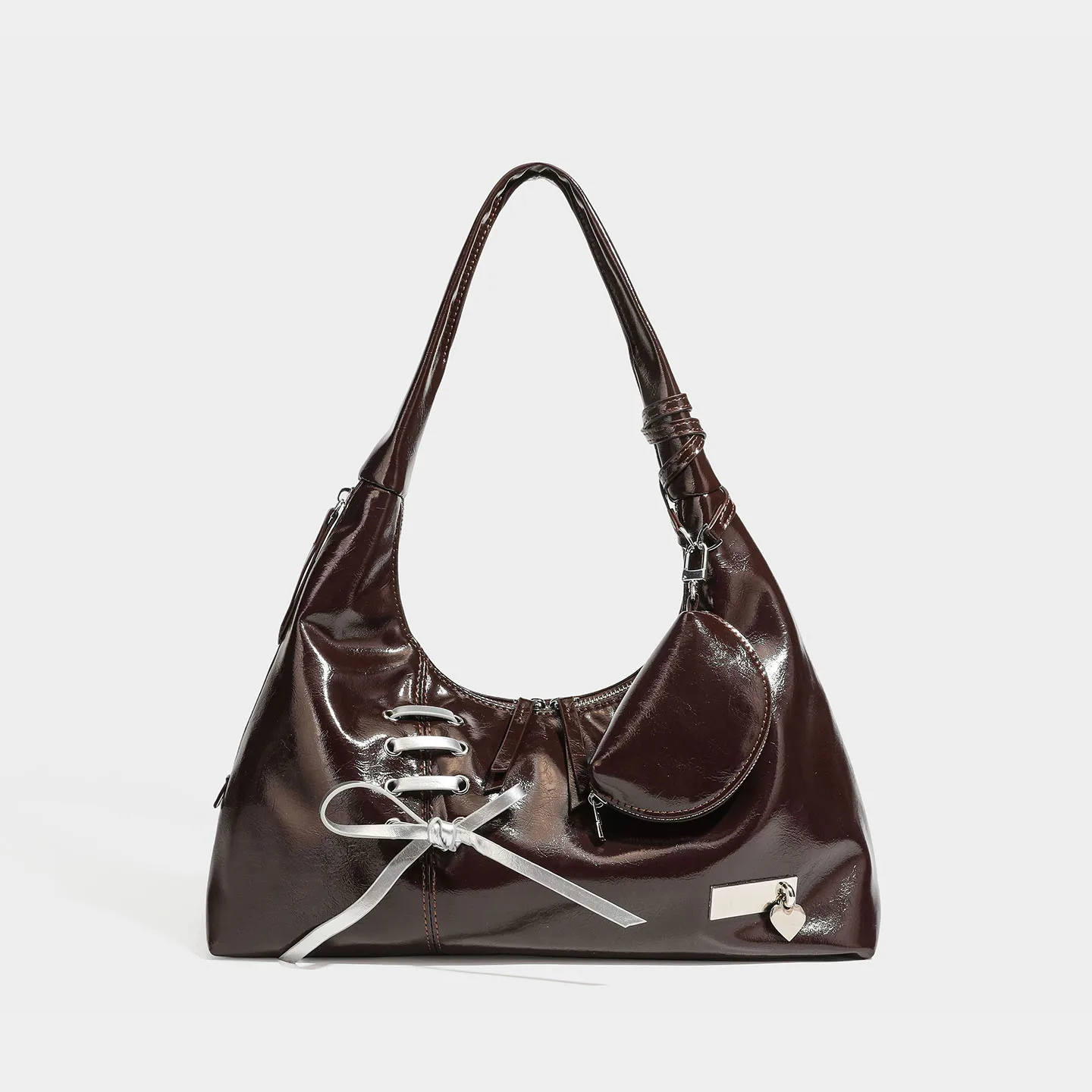 Y2k Girls Hobo Shoulder Bag, Lace‑Up Bow Handbag With Mini Purse,Korean Soft Pu Underarm Tote Bag For Women Daily Party Use