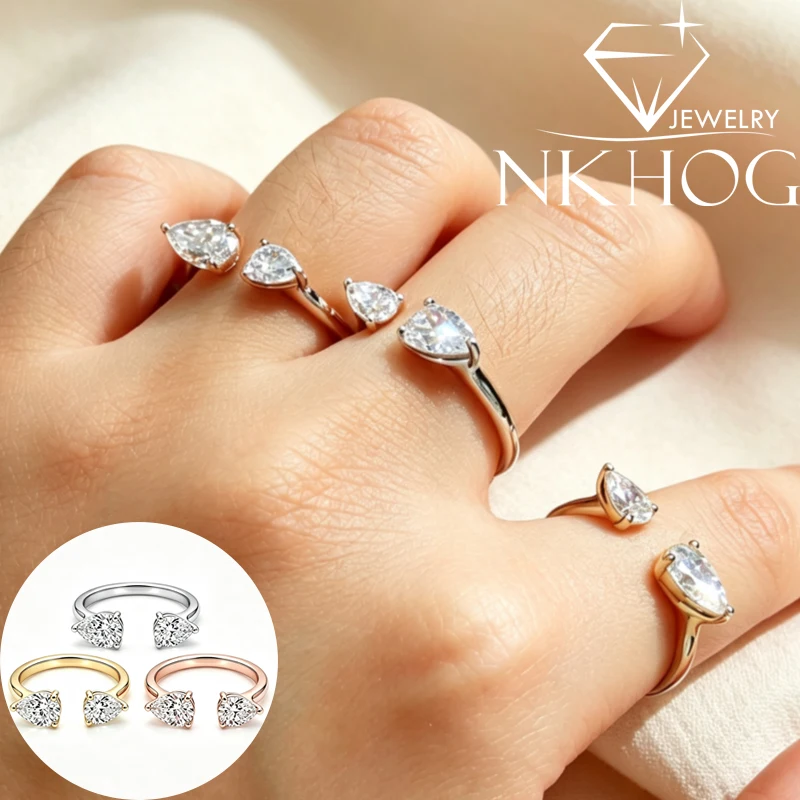 NKHOG 1.5cttw Two Pear Moissanite Rings For Women S925 Sterling Silver Open Adjustable Band Wedding Engagement Jewelry Gifts GRA