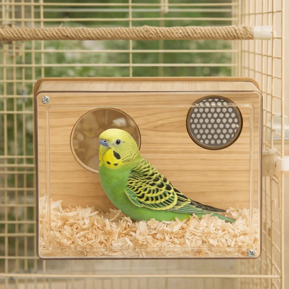 

Transparent Parakeet Nesting Box Breathable Odor Resistant Wooden Bird's Nest Visible with Perch Bird Cage House Aviary