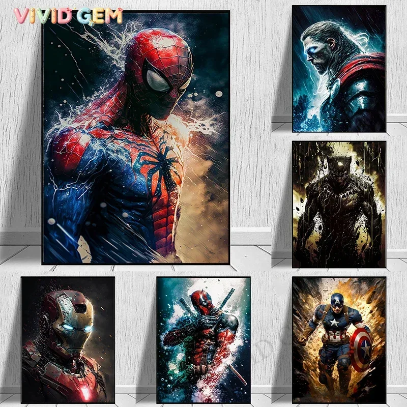 VIVID GEM Marvel The Avengers Spiderman Iron Man Hulk Captain America 5D Diamond Painting Cross Stitch Mosaic Home Decoration