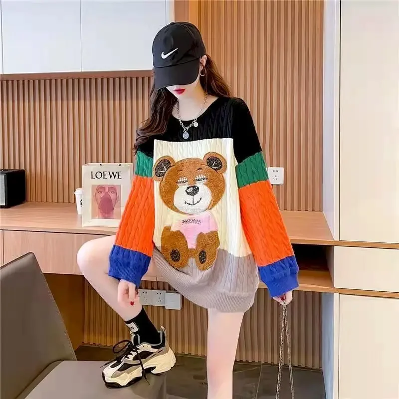 

Heavy Industry Beaded Bear Sweaters Women Fall/Winter 2024 New Fashion All-match Loose Pullover Long Sleeve Tops Cute Sweater