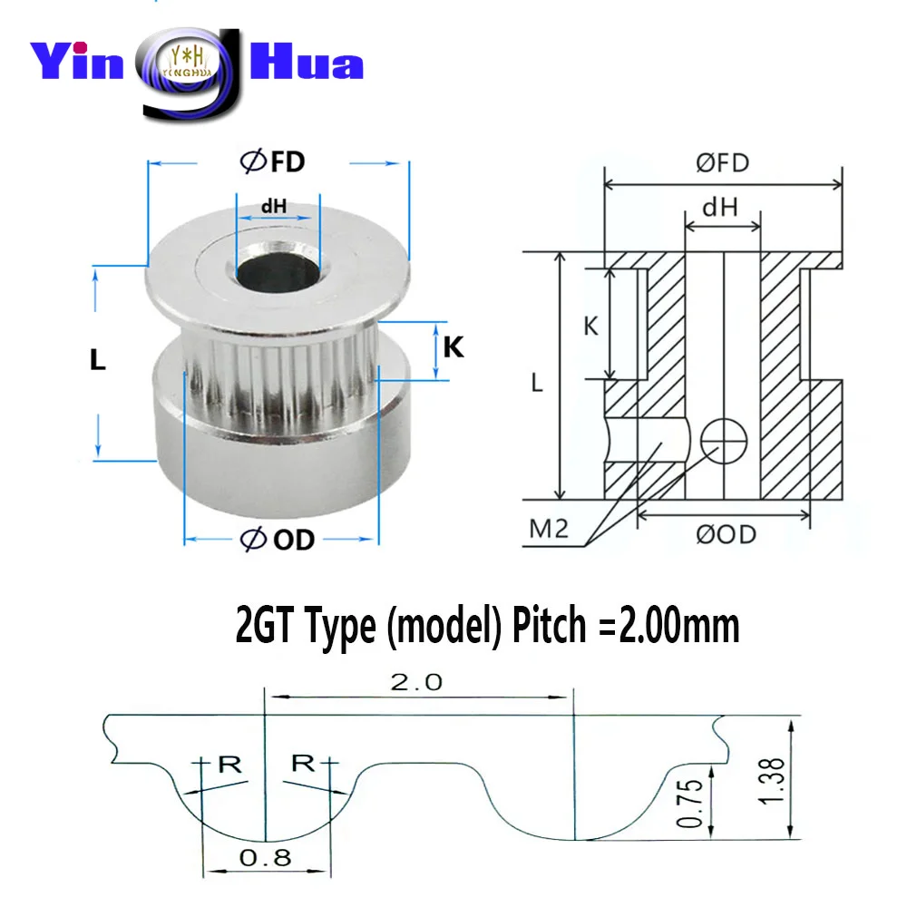 Bagian Printer 3D 2GT Timing Pulley 20 lubang gigi 3 sampai 8mm lebar gigi 7 10 11 16mm GT2 roda sinkron Timing Belt Gear