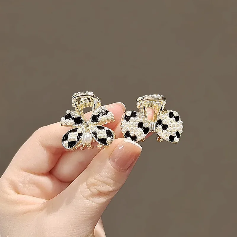 Exquisite Cute Bow Mini Hair Slide Retro Black and White Pearl Metal Clip Girl Bangs Side Clip Sweet Hair Accessories