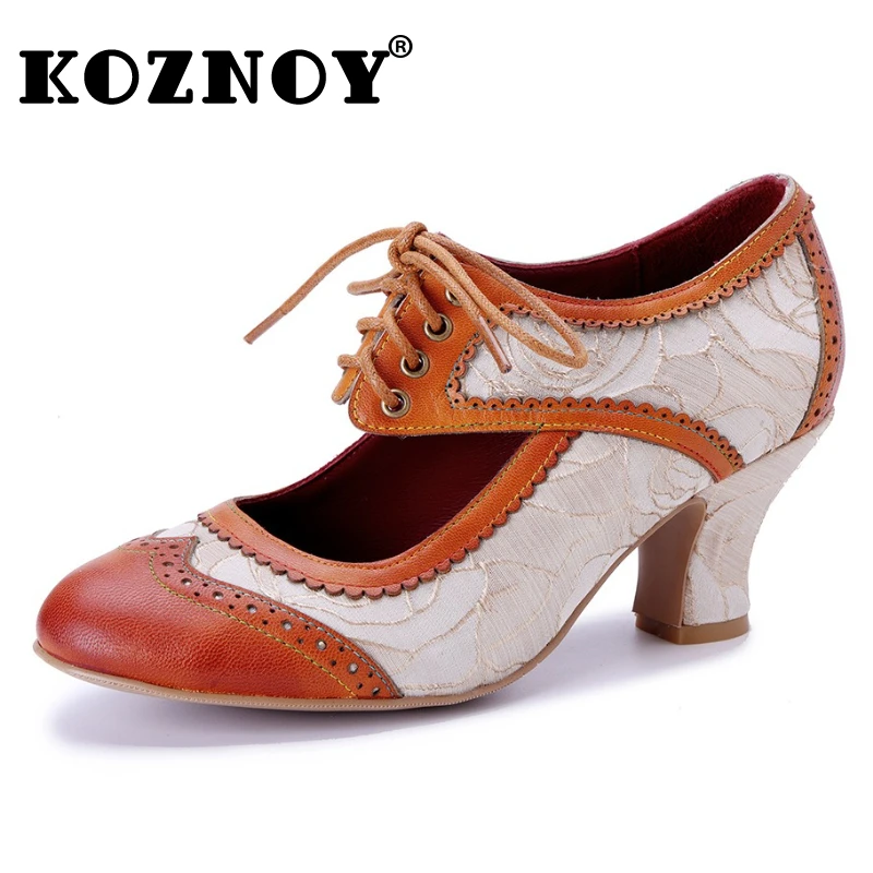 

Koznoy 5.5cm Cloth Silk Sheepskin Leather Hollow Moccasins Woman Moccasin Pumps Ethnic Chunky Heels Big Size Summer Shoes